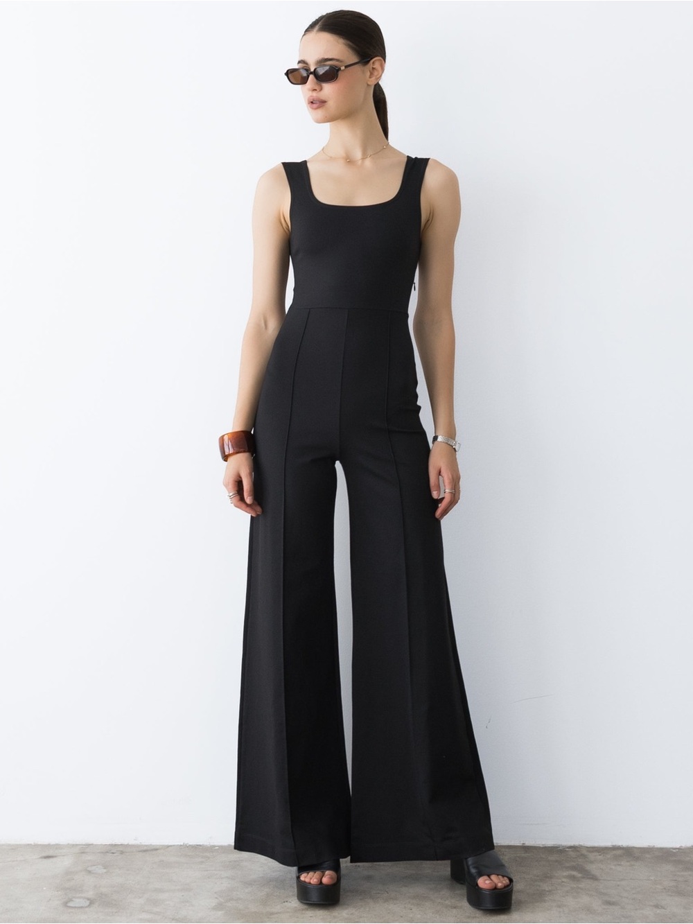 Ripley Rader Black Ponte Knit Tank Wide Leg Jumpsuit Stretchy Size 4 Large